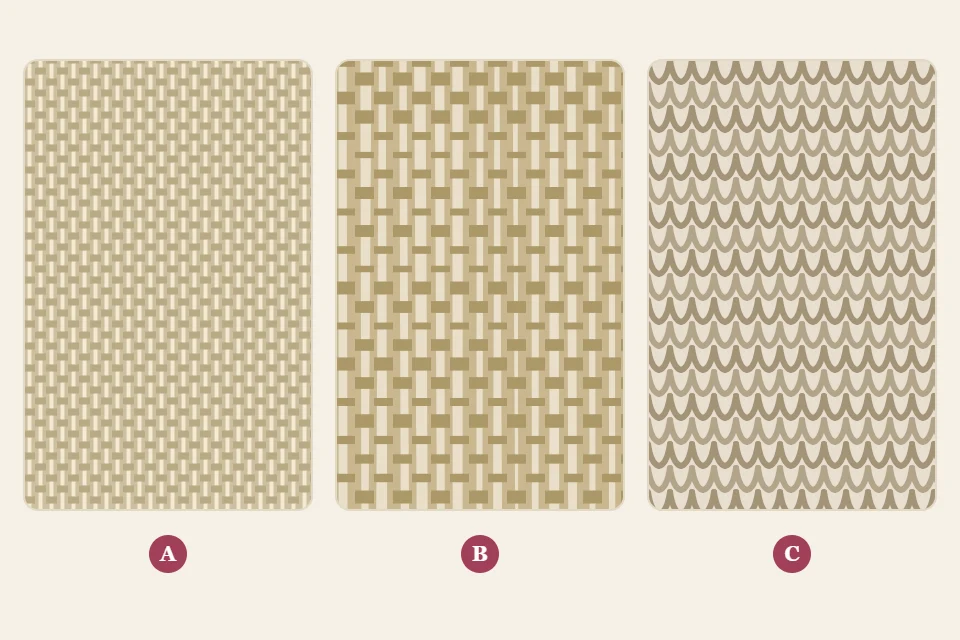 Three weave close-ups side by side labeled A, B and C: a tight plain cotton weave, a looser slubby linen weave, and the knit loops of stretch jersey