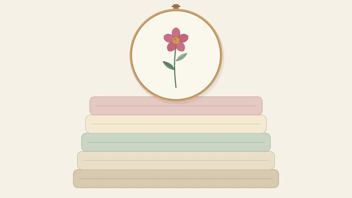 A stack of folded fabrics in neutral colors with a small embroidery hoop resting on top