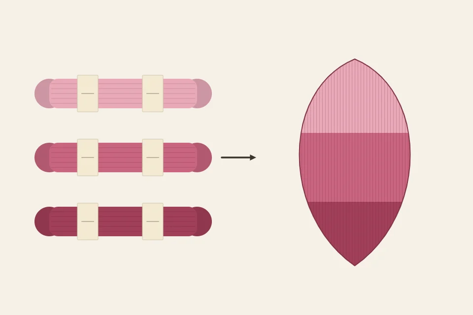 Three floss skeins in light, medium and dark values of one rose color beside a petal shaded with those three values