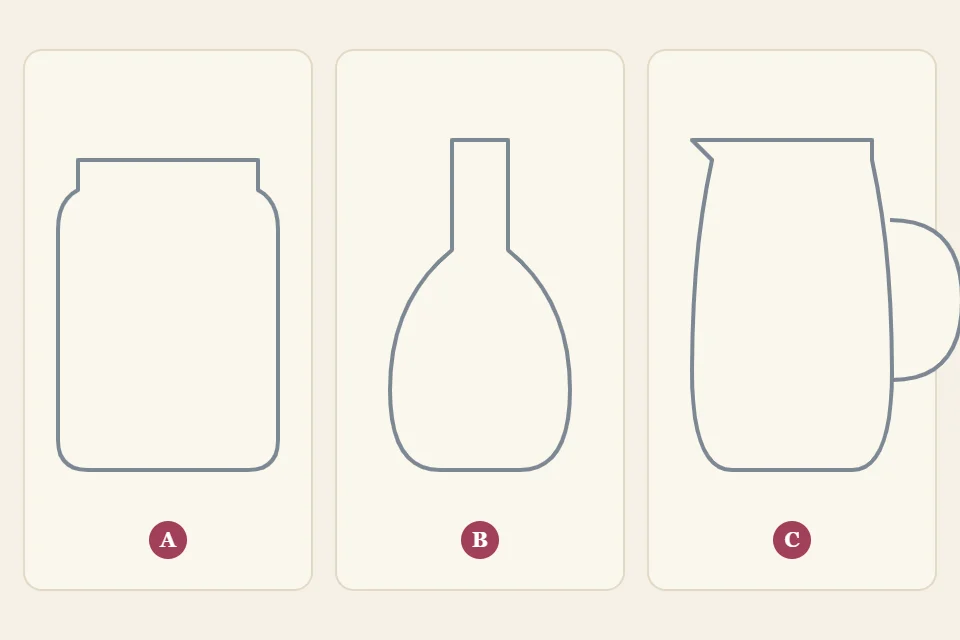 Three container outlines side by side labeled A, B and C: a straight jar, a narrow bud vase and a jug with a handle