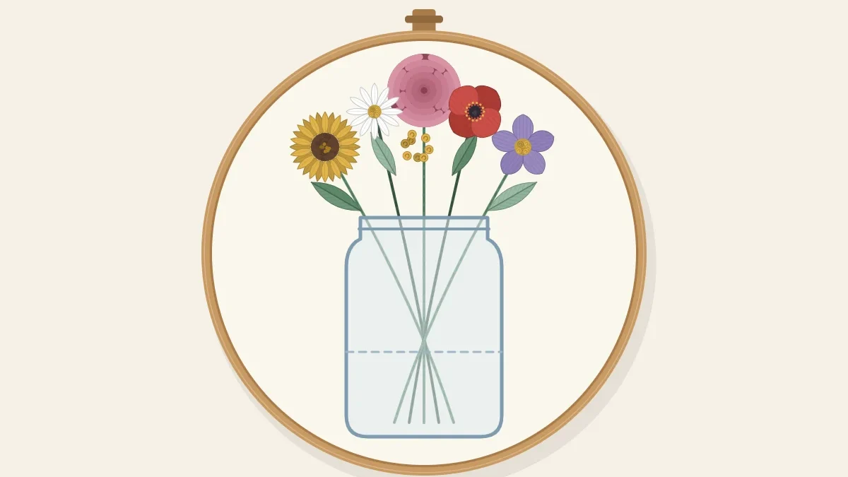 A glass jar holding an arrangement of stitched flowers, with the green stems visible inside the jar