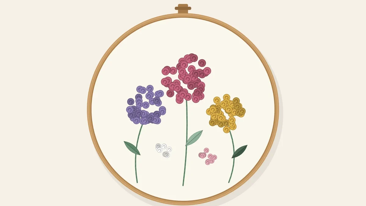 Clusters of French knots forming flower centers and tiny buds, stitched inside an embroidery hoop