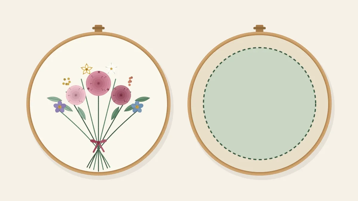 Two embroidery hoops side by side: the front with a finished floral design and the back neatly gathered and covered with a felt circle