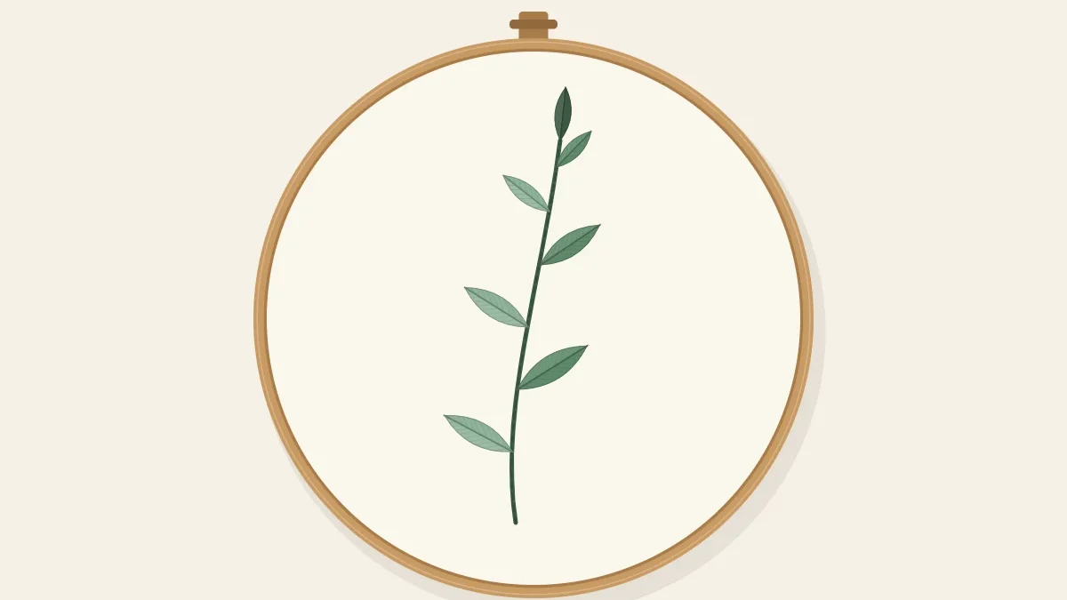 A wooden embroidery hoop with taut fabric and a leafy sprig stitched inside, the screw positioned at the top