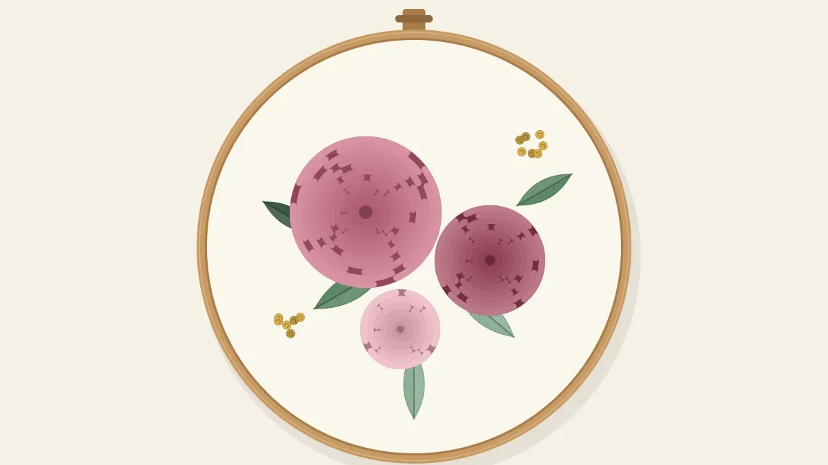 Three woven wheel roses of different sizes with small leaves, stitched inside an embroidery hoop